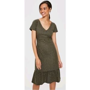 Boden Melissa Jersey Dress Knit Green Gold Polka Dots Ruffle Hem Short Sleeves 6